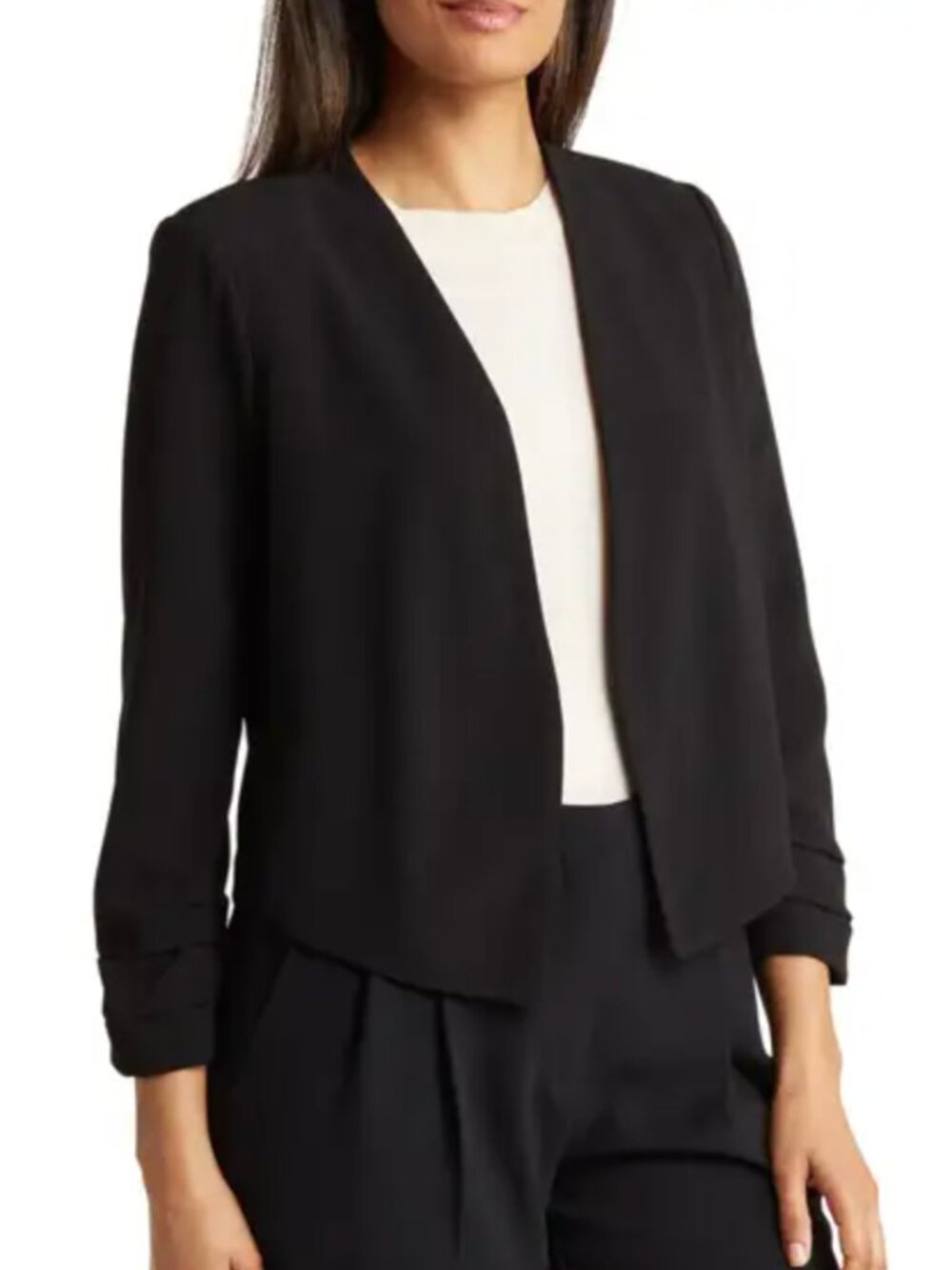 Philosophy Republic Clothing Ruched Sleeve Open Front Blazer in black size small
